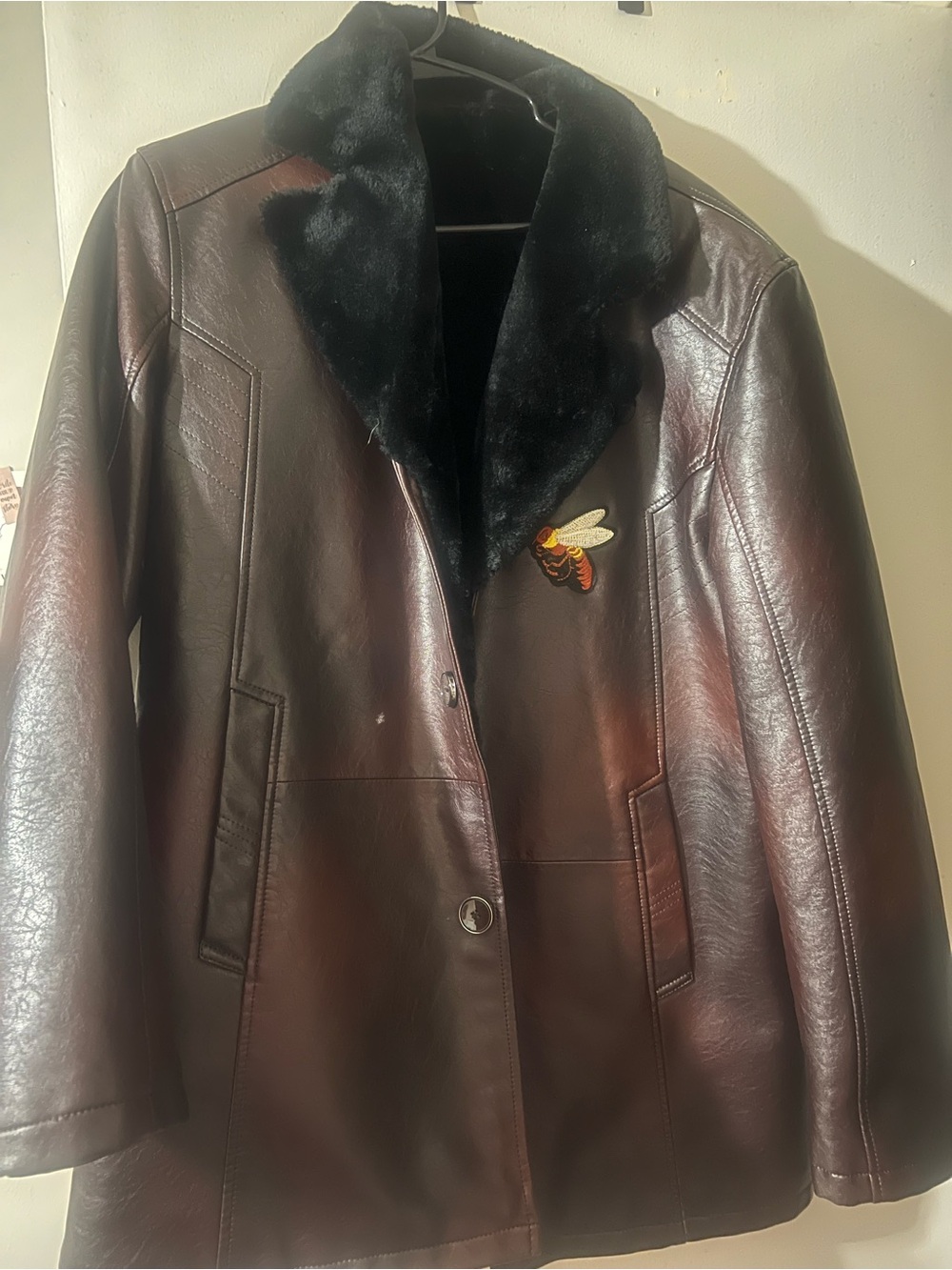 Gucci Brown Leather Jacket with Black Fur Collar and Bee Patch